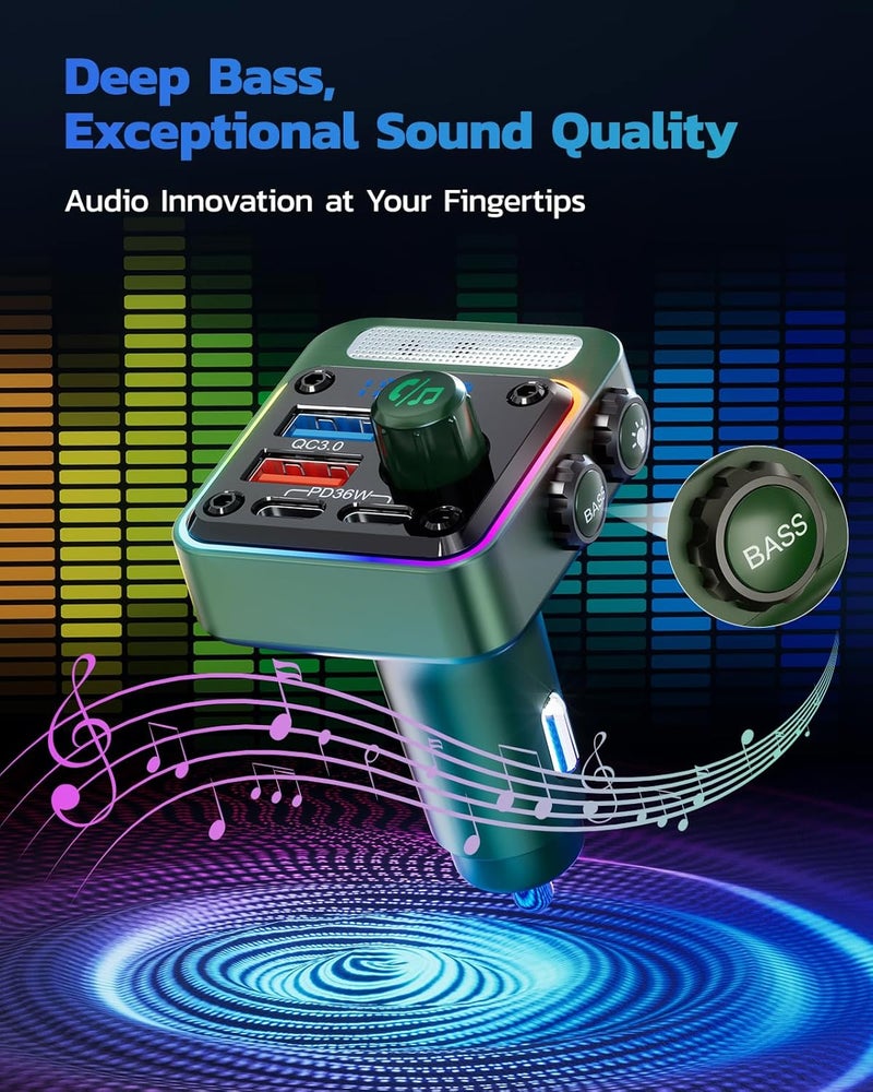 nulaxy 54W Bluetooth 5.3 Car Adapter with 4 Charging Ports [PD 36W & QC3.0 18W], Wireless Radio FM Transmitter with Deep Bass Player & 5 Colors LED Backlit, Hands-Free Calling - Green - Image 4